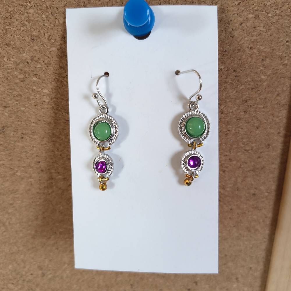 Handmade Silver Drop Earrings with Green and Purple Accents